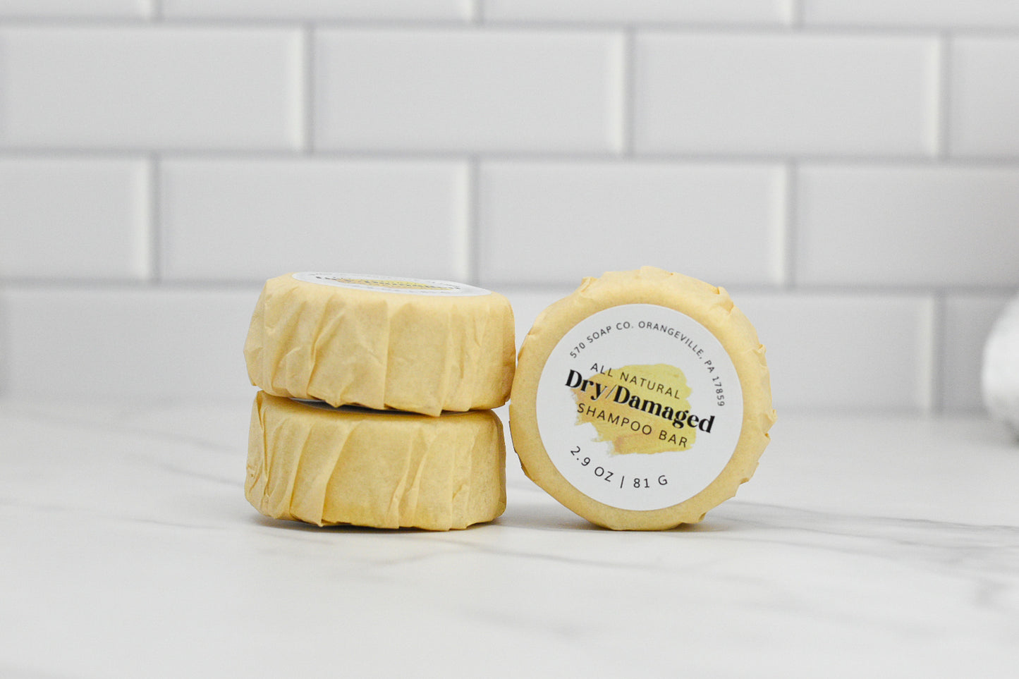 Two beige shampoo bars from 570 Soap Co., enriched with essential oils, are displayed against a white tile background. One bar lies flat while the other stands upright. The label reads "Dry/Damaged Hair Shampoo Bar - All Natural," emphasizing its nourishing natural ingredients.