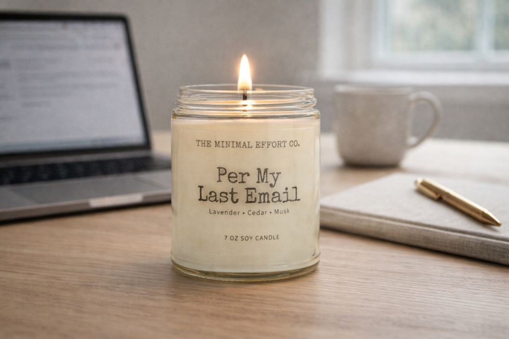 Candle labeled 'Per My Last Email' from The Minimal Effort Co. on a desk with a laptop and mug in the background.