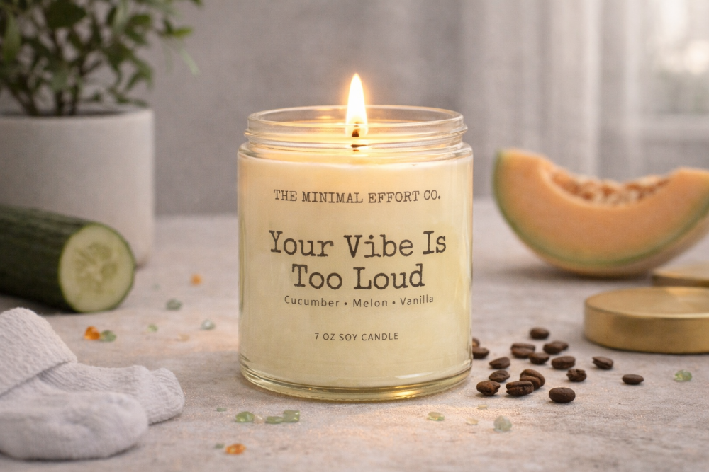 Candle labeled 'Your Vibe Is Too Loud' with a plant, cucumber, and cantaloupe in the background.