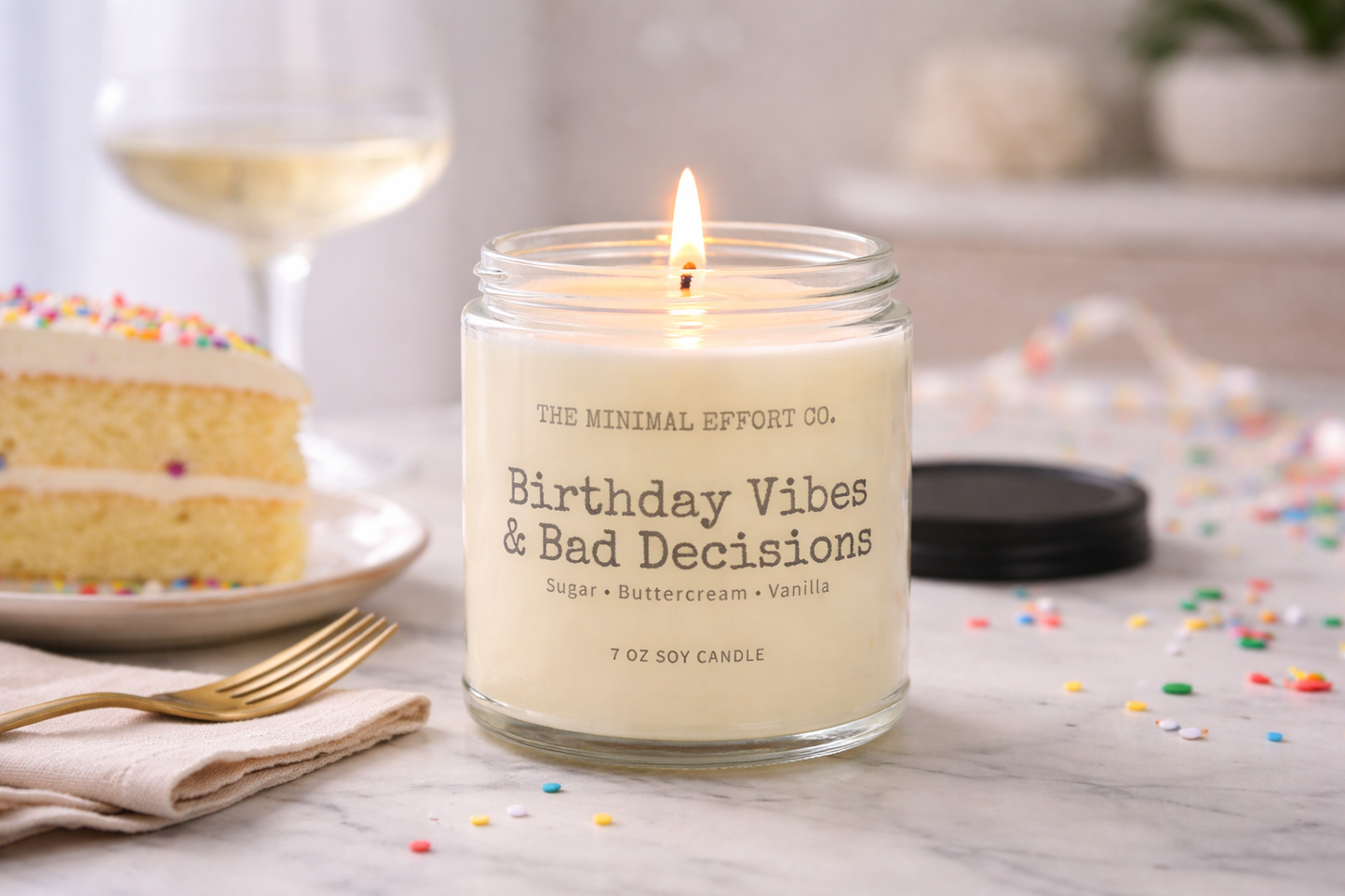 Candle labeled 'Birthday Vibes & Bad Decisions' on a table with a cake and wine glass in the background.