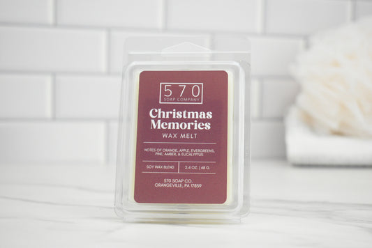 Wax melt packaging labeled '570 Christmas Memories' on a white background