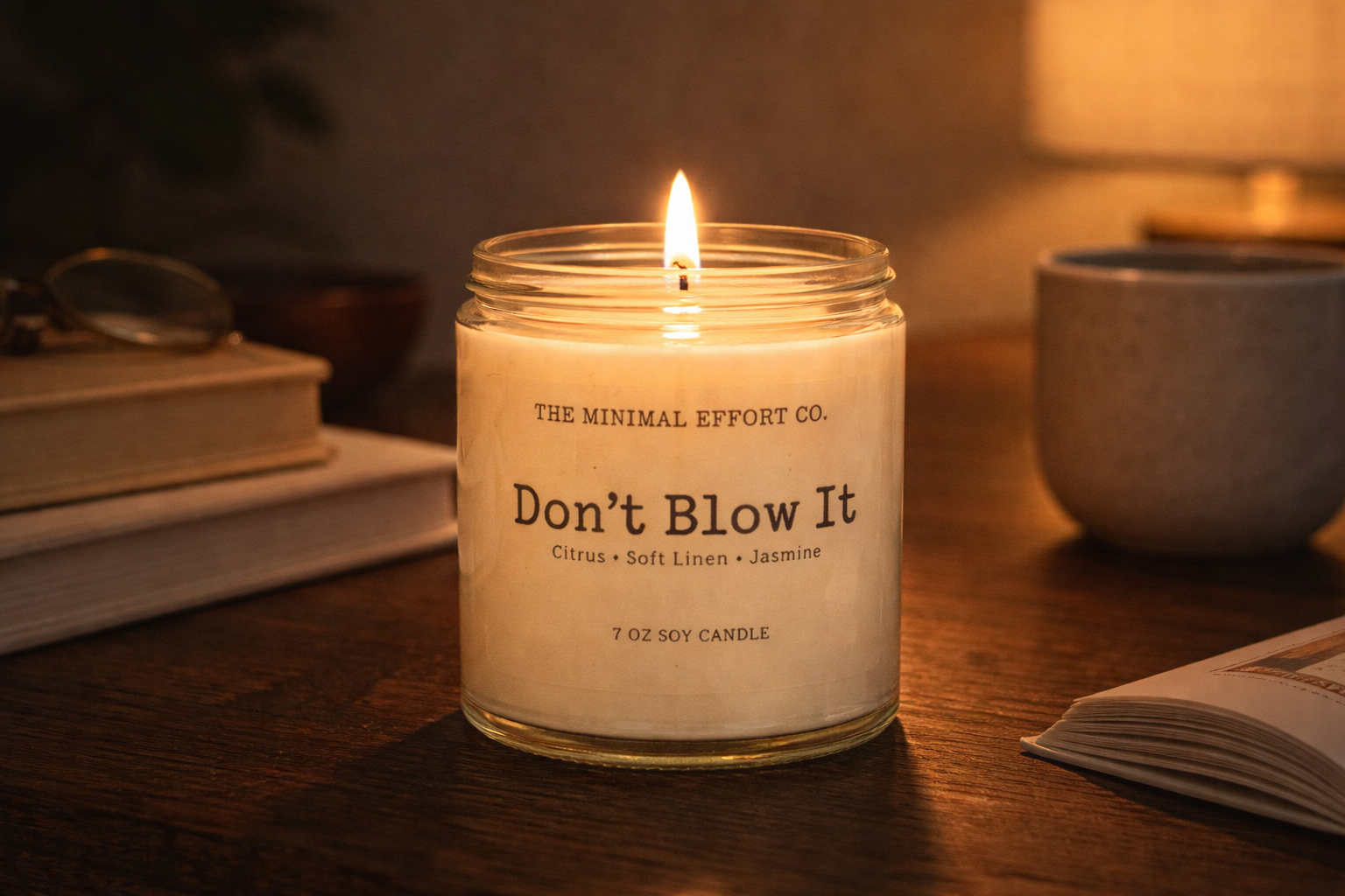 Candle with 'Don't Blow It' label on a wooden surface, surrounded by books and a cup.