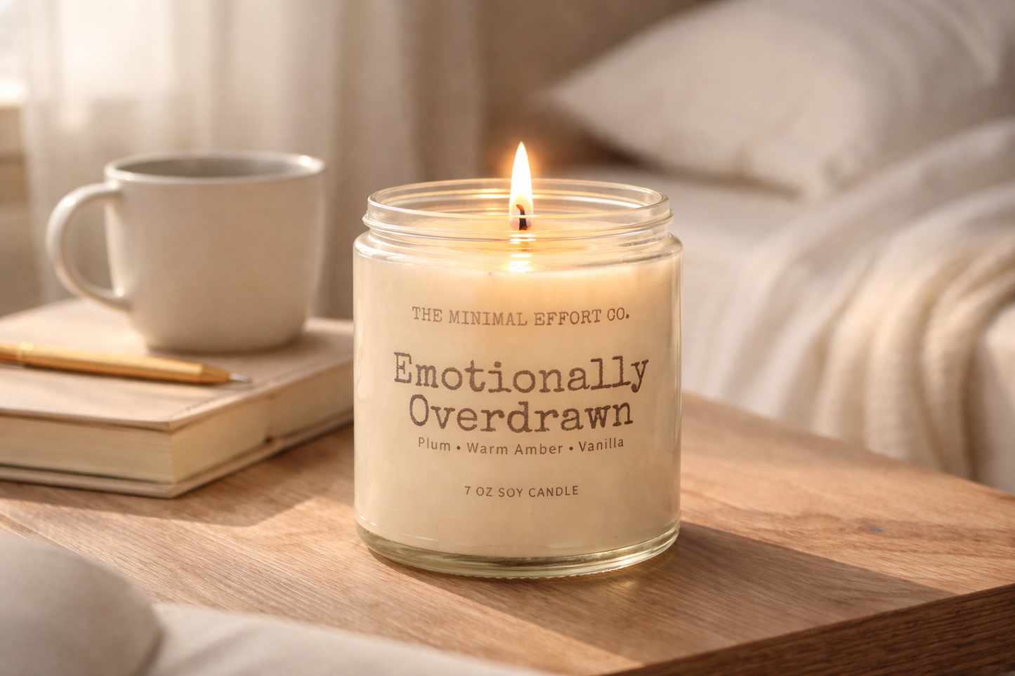 Candle labeled 'Emotionally Overdrawn' from The Minimal Effort Co. on a wooden surface with a cup and book in the background.