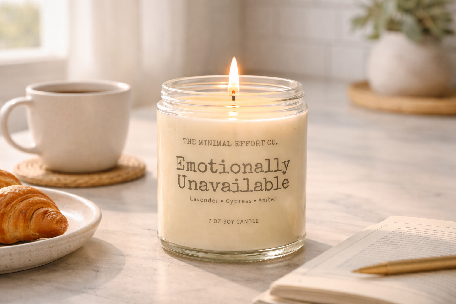 Candle labeled 'Emotionally Unavailable' on a table with a cup of coffee and pastries.