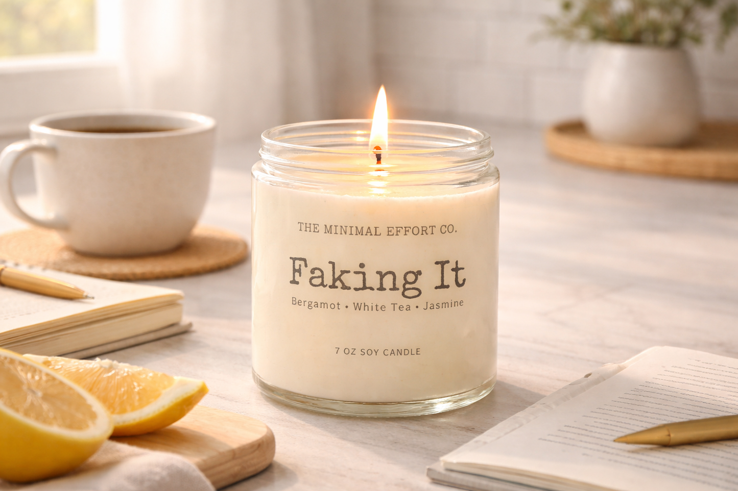 Candle labeled 'Faking It' from The Minimal Effort Co. on a table with a cup of tea and lemon.