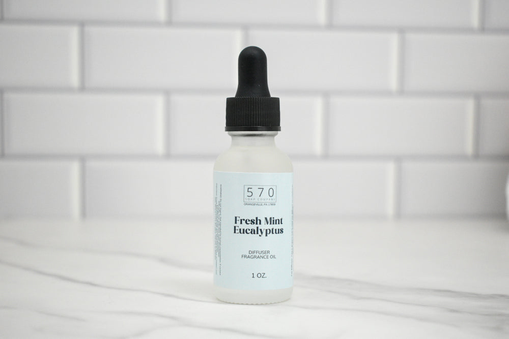 Bottle of Fresh Mint Eucalyptus fragrance oil with dropper on a white background