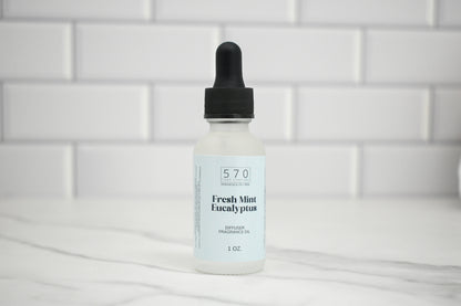 Bottle of Fresh Mint Eucalyptus fragrance oil with dropper on a white background