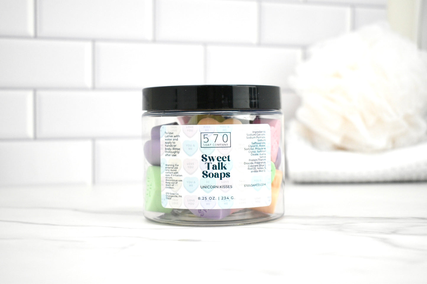 Jar of Sweet Talk Soaps with a white label on a white background