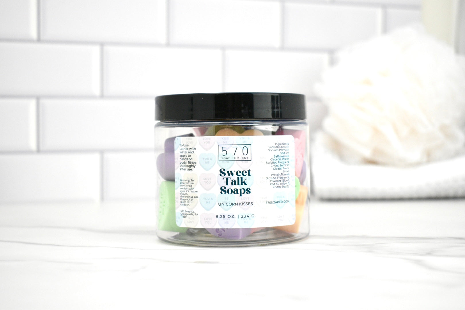 Jar of Sweet Talk Soaps with a white label on a white background