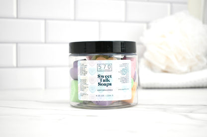 Jar of Sweet Talk Soaps with a white label on a white background