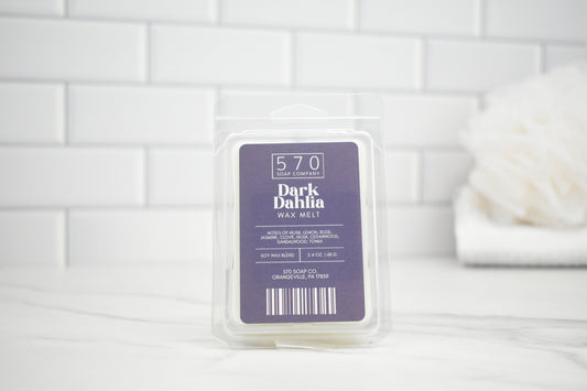 570 Soap Co. Dark Dahlia wax melt packaging on a white tiled background