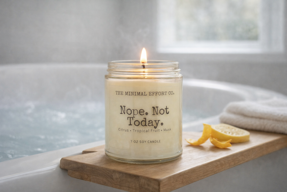 Candle labeled 'None. Not Today.' on a bathtub ledge with a blurred background