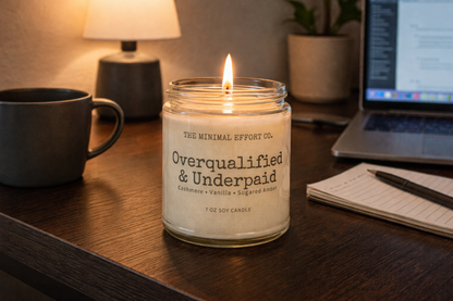 Candle labeled 'Overqualified & Underpaid' on a desk with a mug, laptop, and plant in the background.