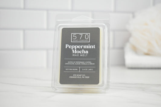 Peppermint Mocha wax melt packaging on a white surface with a blurred background
