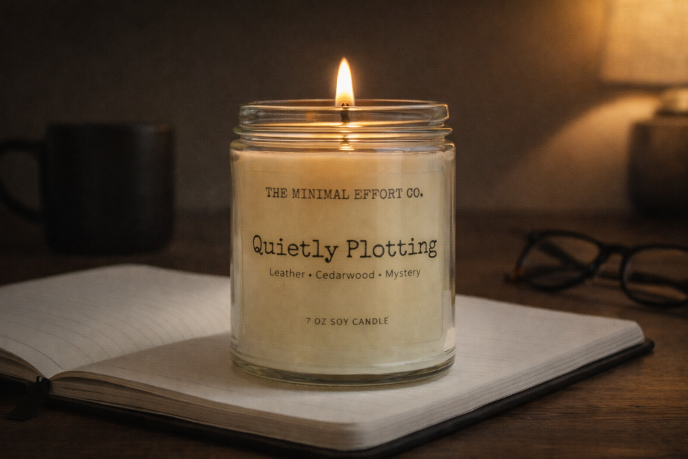 Candle in a glass jar labeled 'The Minimal Effort Co.' on an open book with glasses in the background.