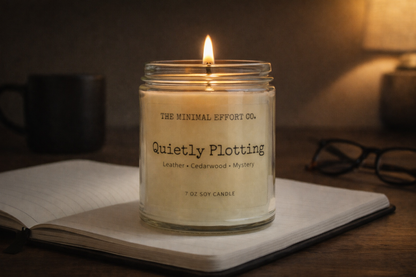 Candle in a glass jar labeled 'The Minimal Effort Co.' on an open book with glasses in the background.