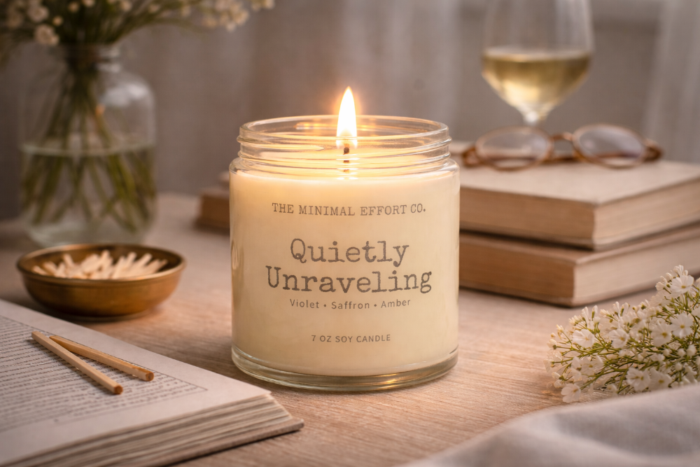Candle labeled 'Quietly Unraveling' on a table with books and glasses in the background