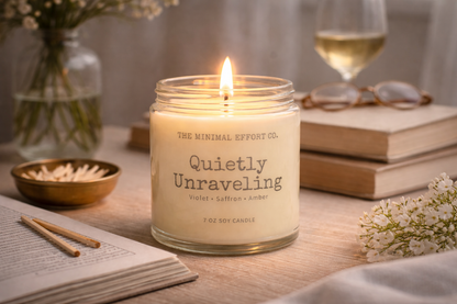 Candle labeled 'Quietly Unraveling' on a table with books and glasses in the background