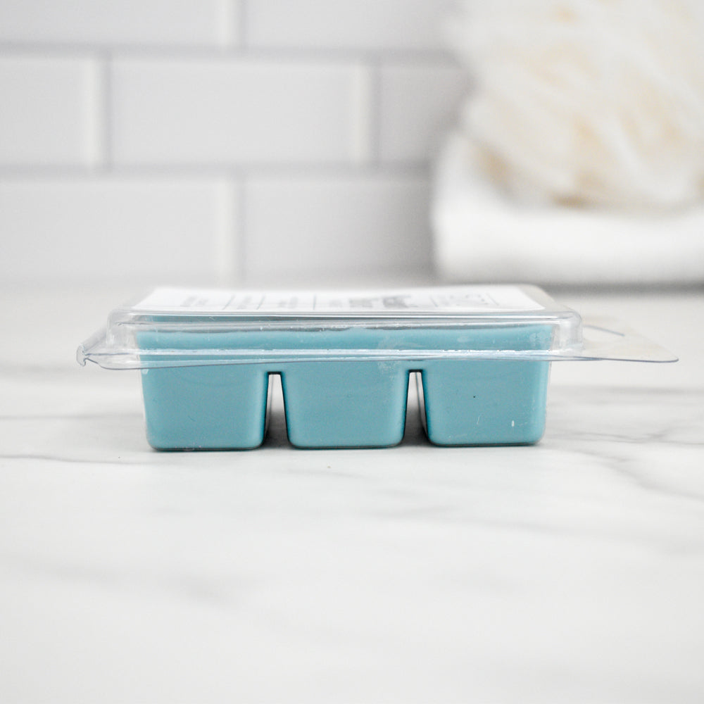 Clear plastic mold with blue wax cubes on a white surface