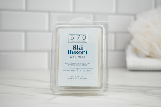 Ski Resort wax melt packaging with label on a white surface