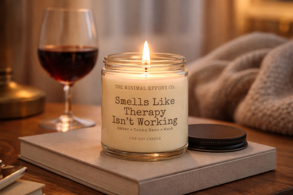 Candle labeled 'Smells Like Therapy Isn't Working' next to a glass of red wine on a book