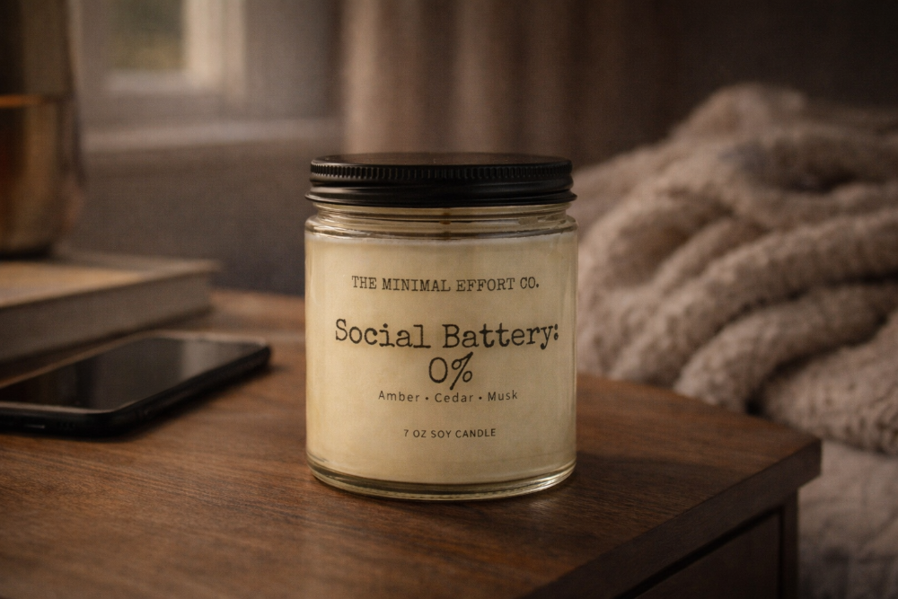 Candle jar labeled 'Social Battery' by The Minimal Effort Co. on a wooden surface.