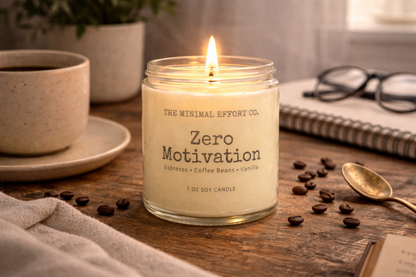 Candle labeled 'Zero Motivation' from The Minimal Effort Co. on a wooden table with coffee beans and a cup.
