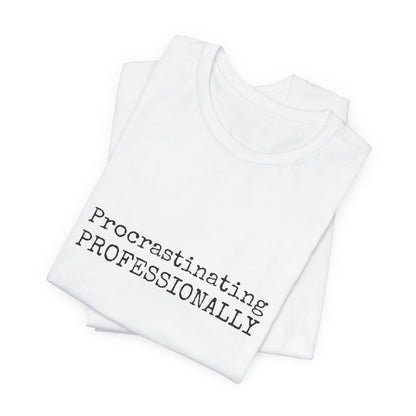 White tank top with 'Procrastinating PROFESSIONALLY' text on a white background